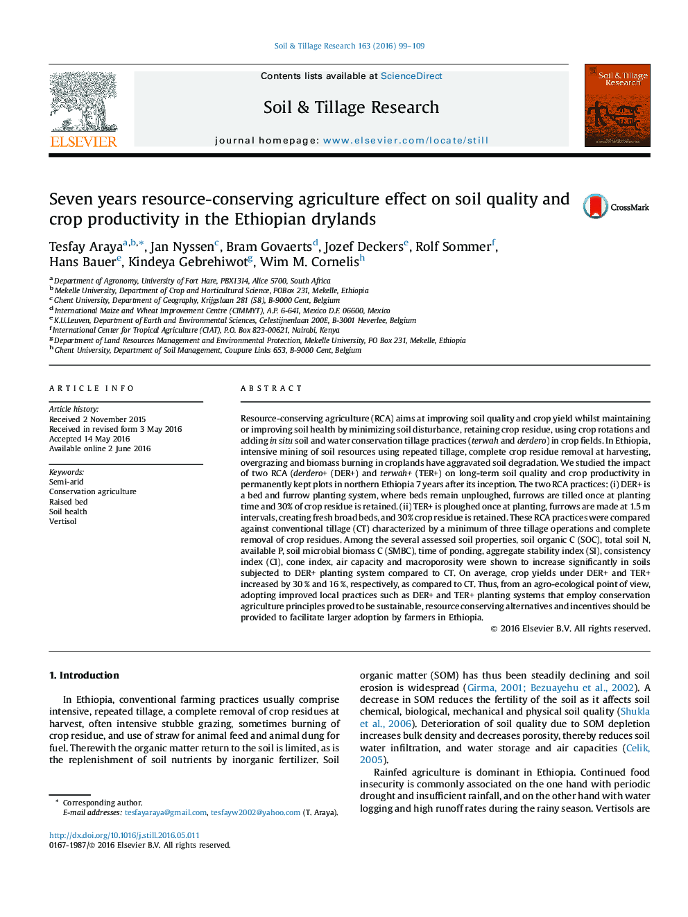 Seven years resource-conserving agriculture effect on soil quality and crop productivity in the Ethiopian drylands