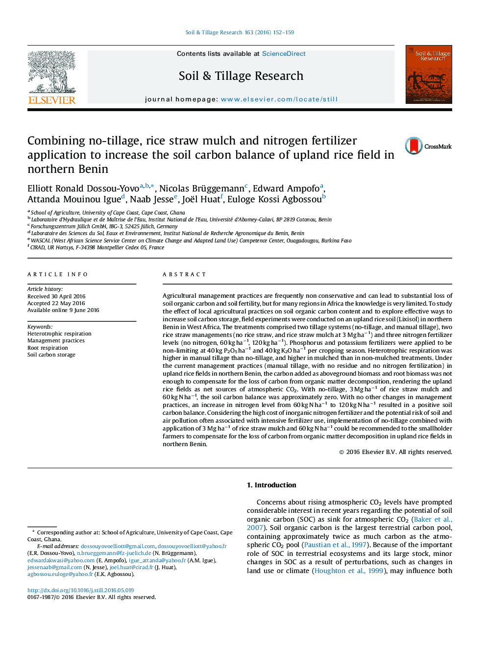 Combining no-tillage, rice straw mulch and nitrogen fertilizer application to increase the soil carbon balance of upland rice field in northern Benin