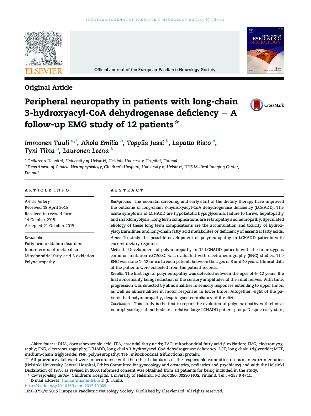 نوروپاتی محیطی در بیماران مبتلا به کمبود 3-hydroxyacyl-CoA dehydrogenase زنجیره طولانی؛ یک مطالعه پیگیری EMG در 12 بیمار