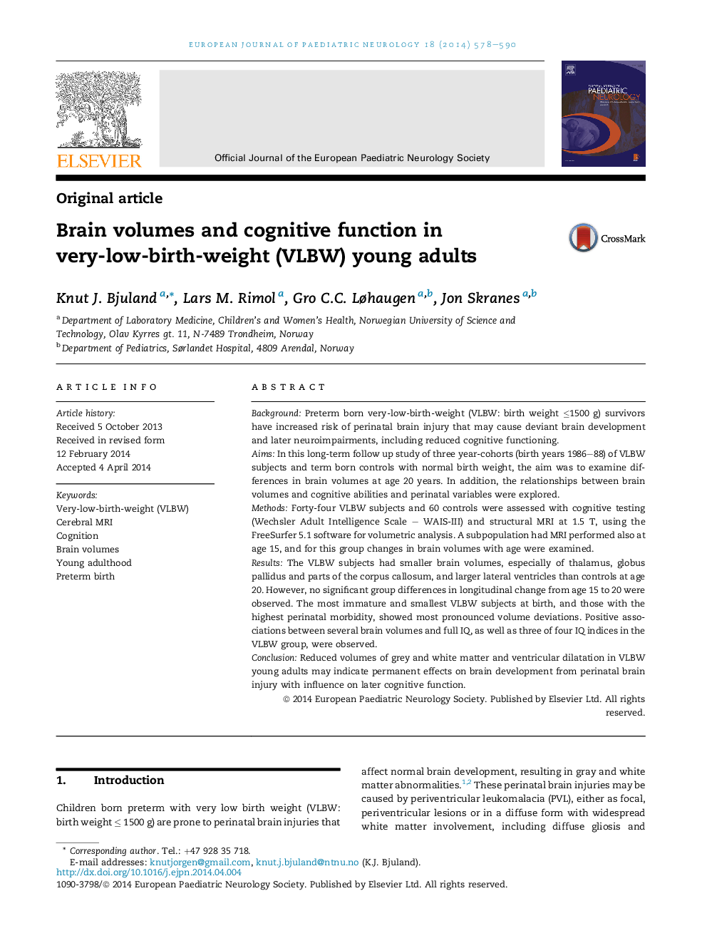 Brain volumes and cognitive function in very-low-birth-weight (VLBW) young adults