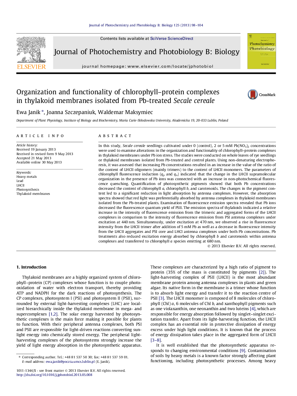 Organization and functionality of chlorophyll–protein complexes in thylakoid membranes isolated from Pb-treated Secale cereale