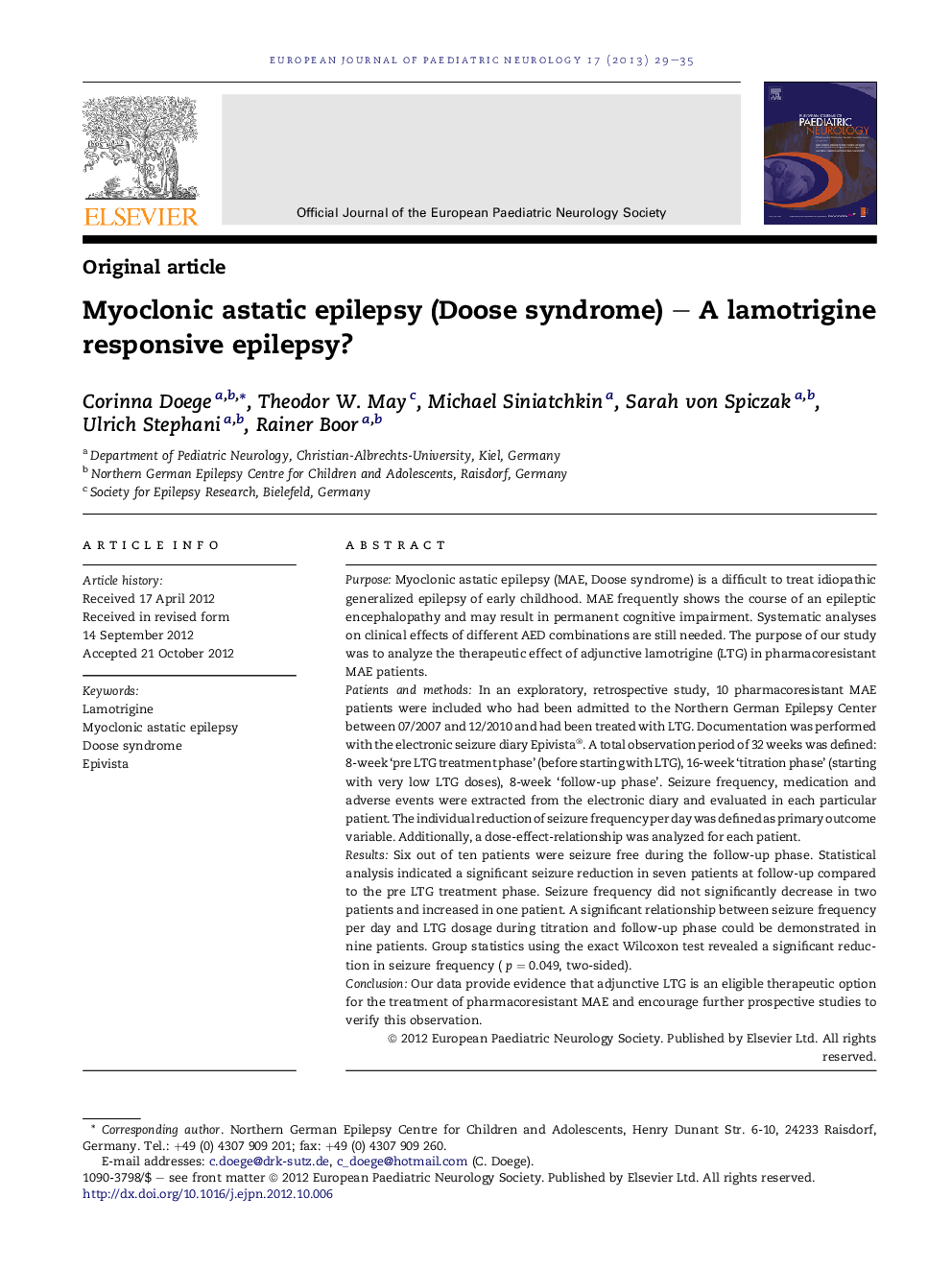 Myoclonic astatic epilepsy (Doose syndrome) – A lamotrigine responsive epilepsy?