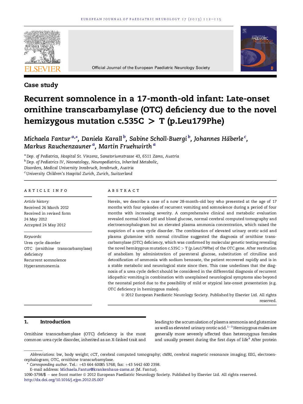 Recurrent somnolence in a 17-month-old infant: Late-onset ornithine transcarbamylase (OTC) deficiency due to the novel hemizygous mutation c.535C > T (p.Leu179Phe)