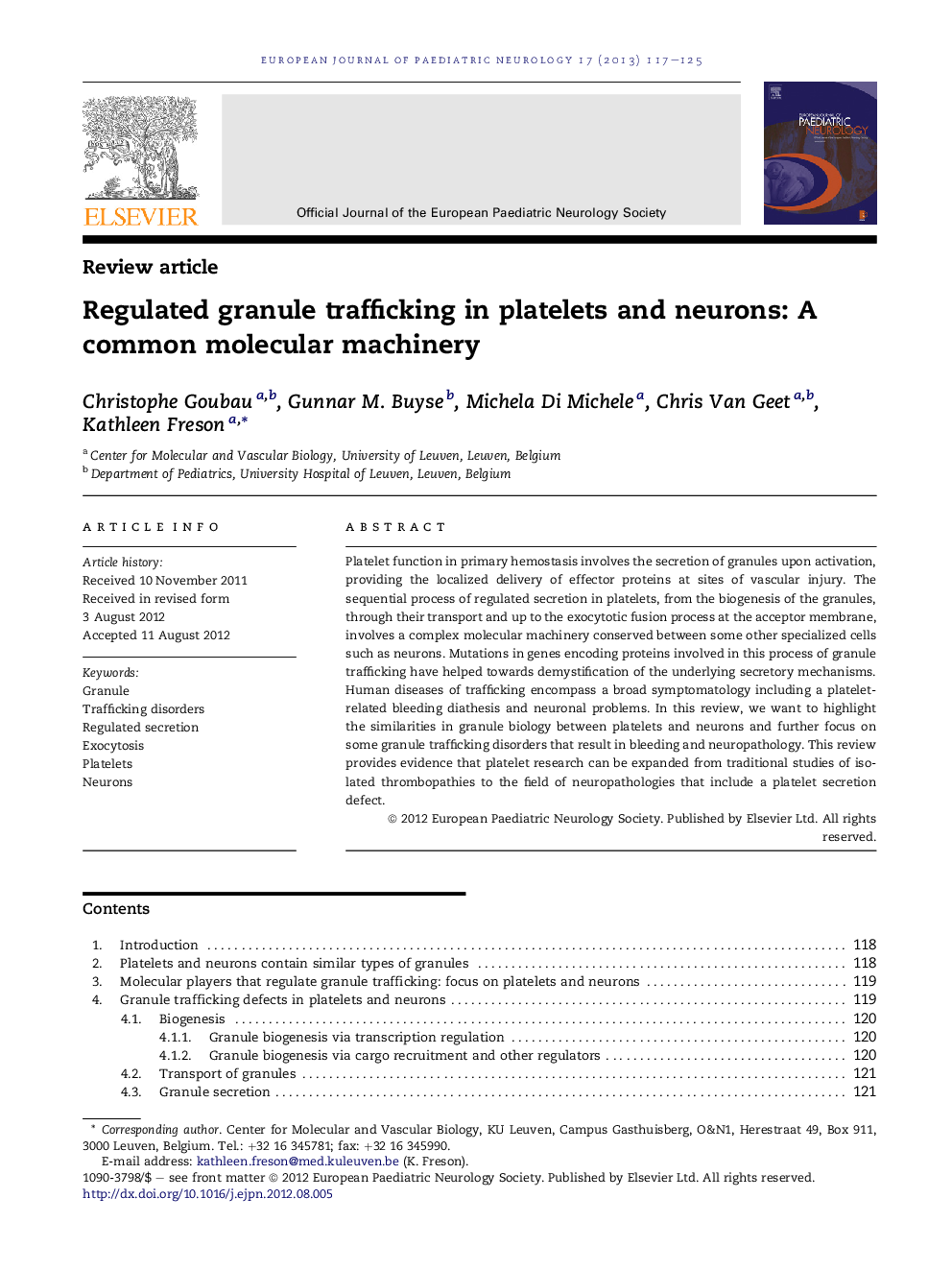 عکس صفحه اول مقاله: Regulated granule trafficking in platelets and neurons: A common molecular machinery Regulated granule trafficking in platelets and neurons: A common molecular machinery