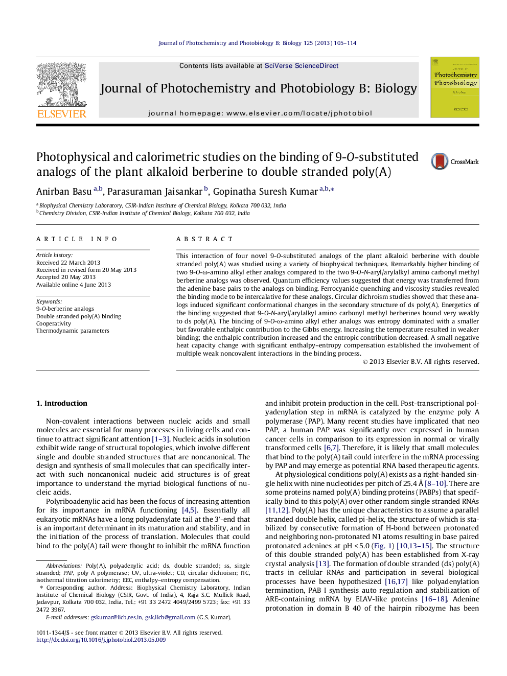 Photophysical and calorimetric studies on the binding of 9-O-substituted analogs of the plant alkaloid berberine to double stranded poly(A)