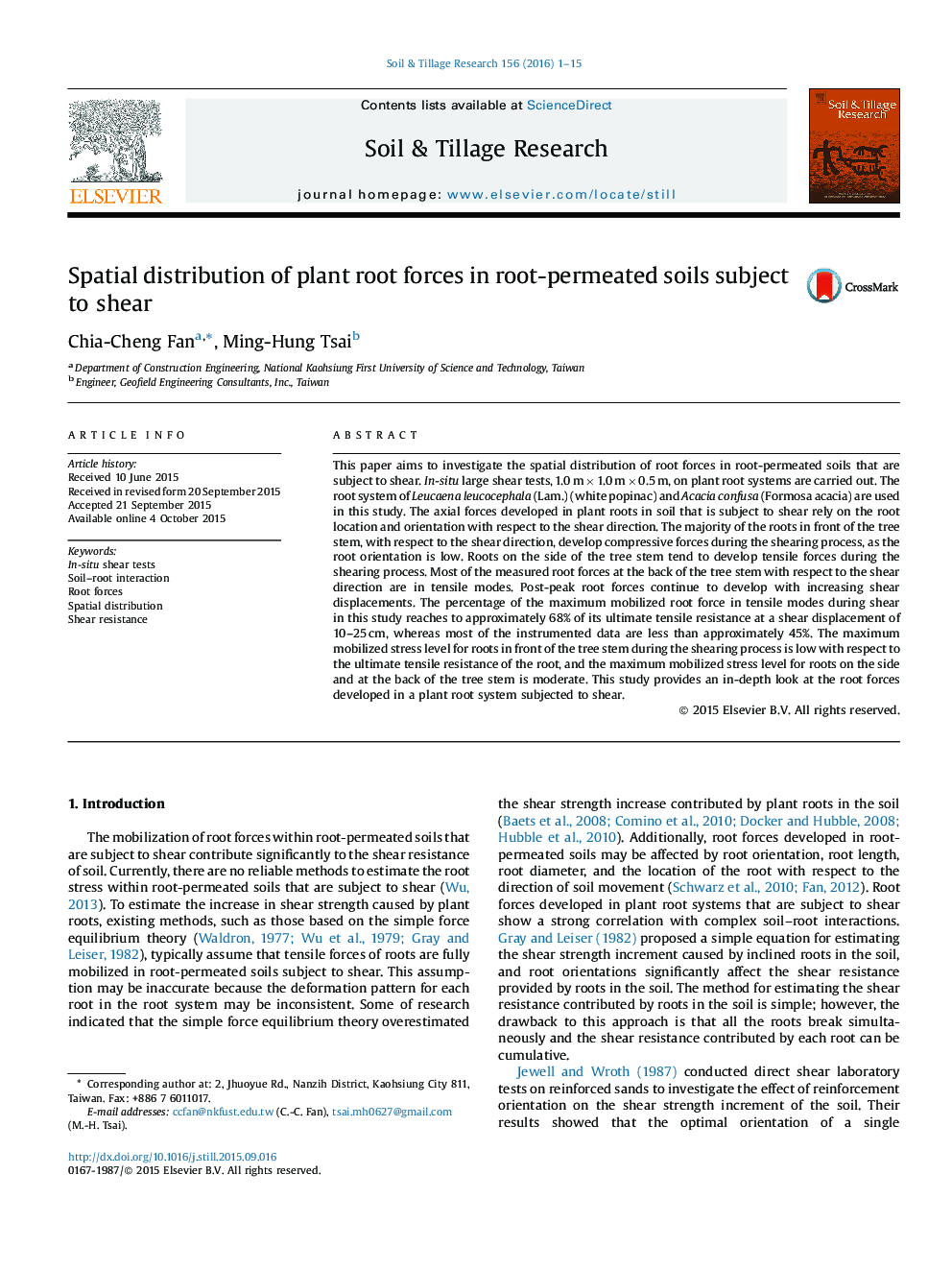 Spatial distribution of plant root forces in root-permeated soils subject to shear