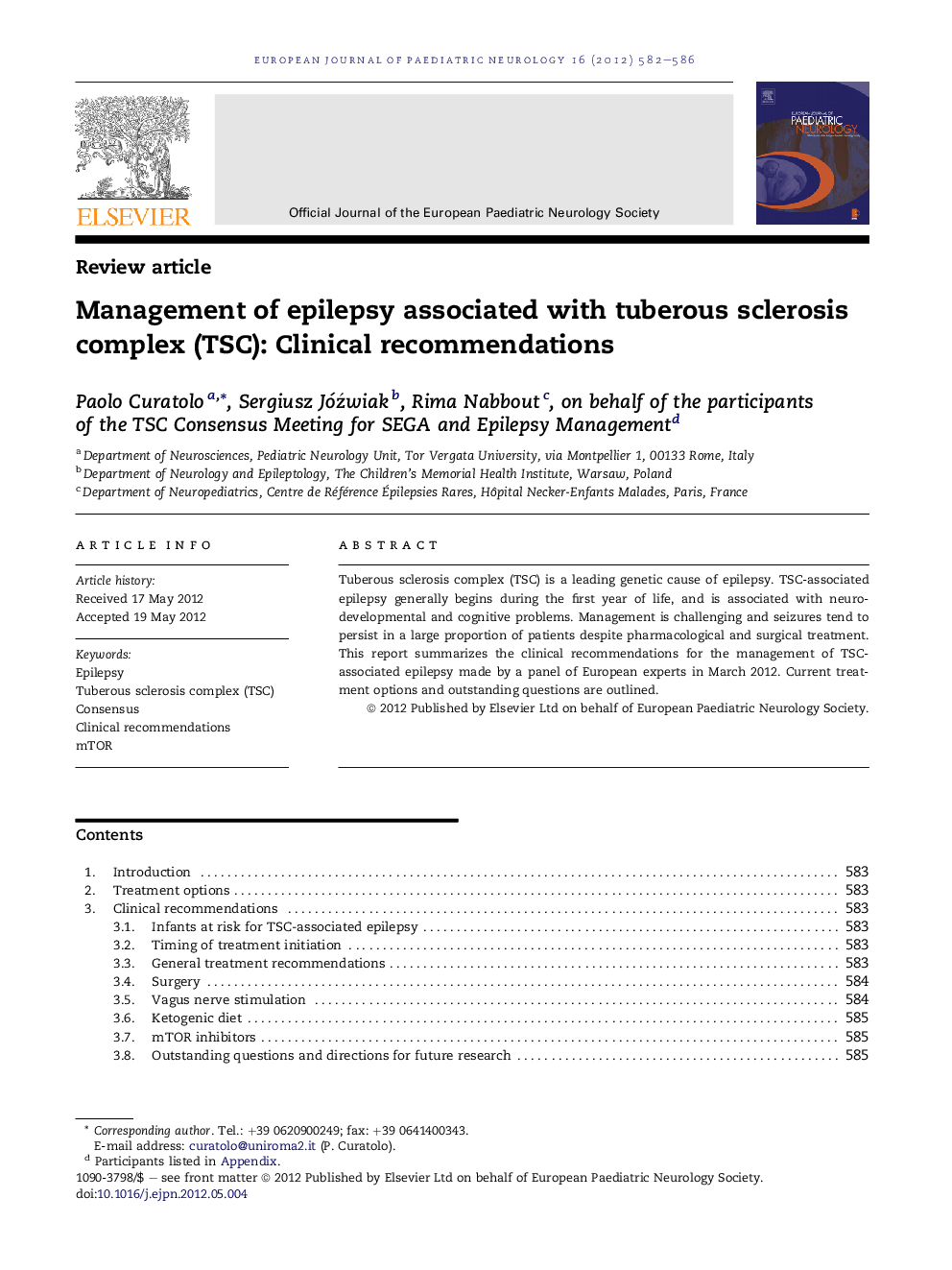 Management of epilepsy associated with tuberous sclerosis complex (TSC): Clinical recommendations