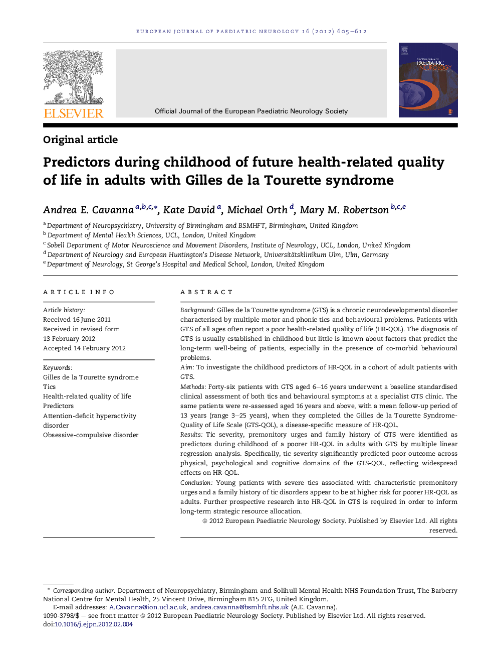 Predictors during childhood of future health-related quality of life in adults with Gilles de la Tourette syndrome