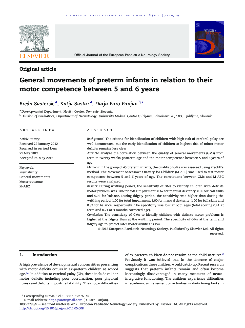 General movements of preterm infants in relation to their motor competence between 5 and 6 years