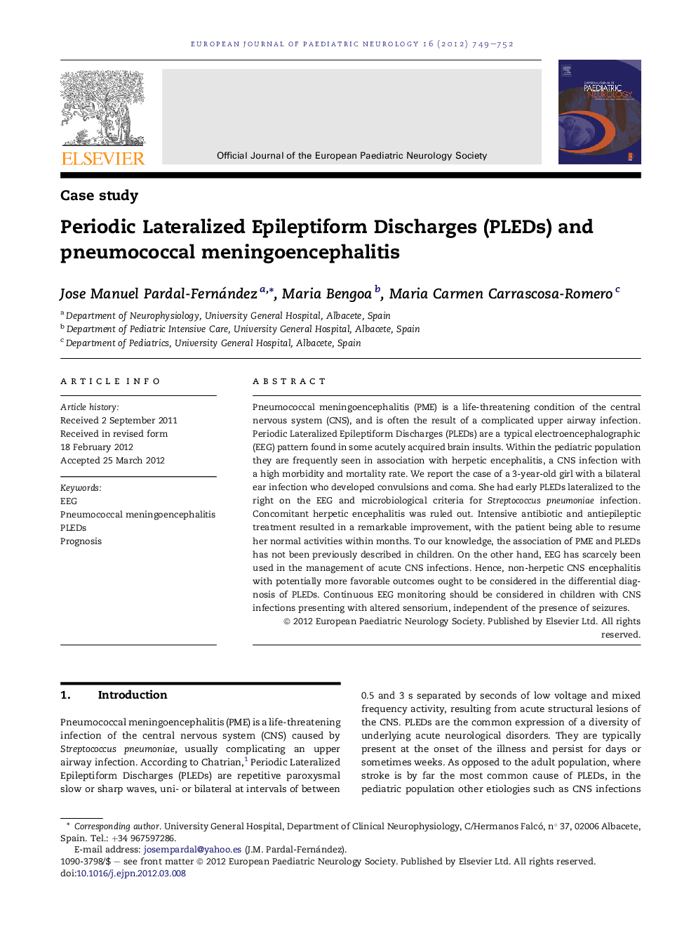 Periodic Lateralized Epileptiform Discharges (PLEDs) and pneumococcal meningoencephalitis