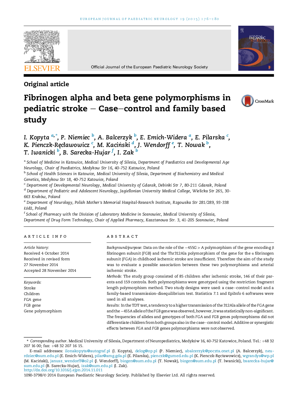 Fibrinogen alpha and beta gene polymorphisms in pediatric stroke – Case–control and family based study