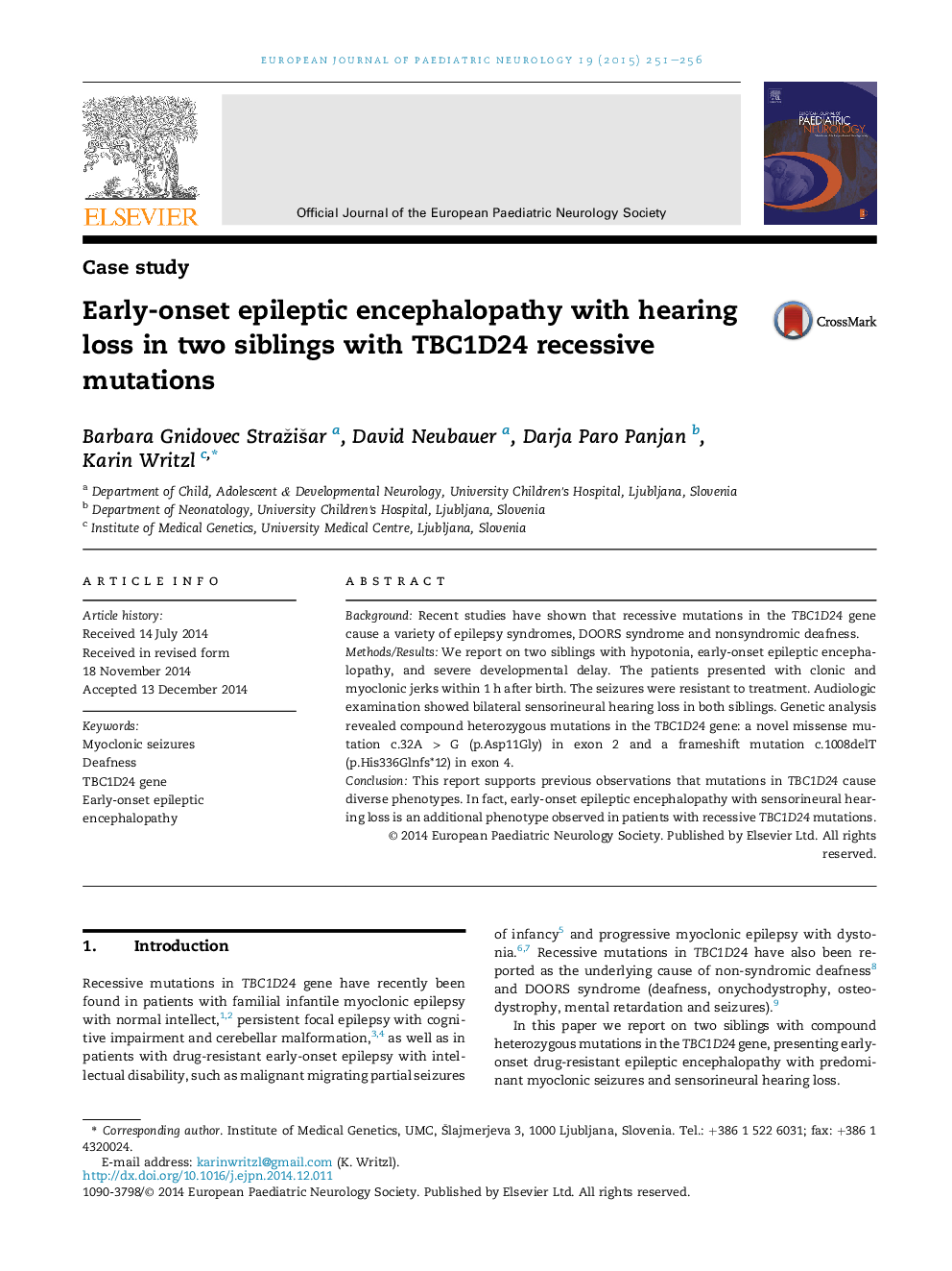 Early-onset epileptic encephalopathy with hearing loss in two siblings with TBC1D24 recessive mutations