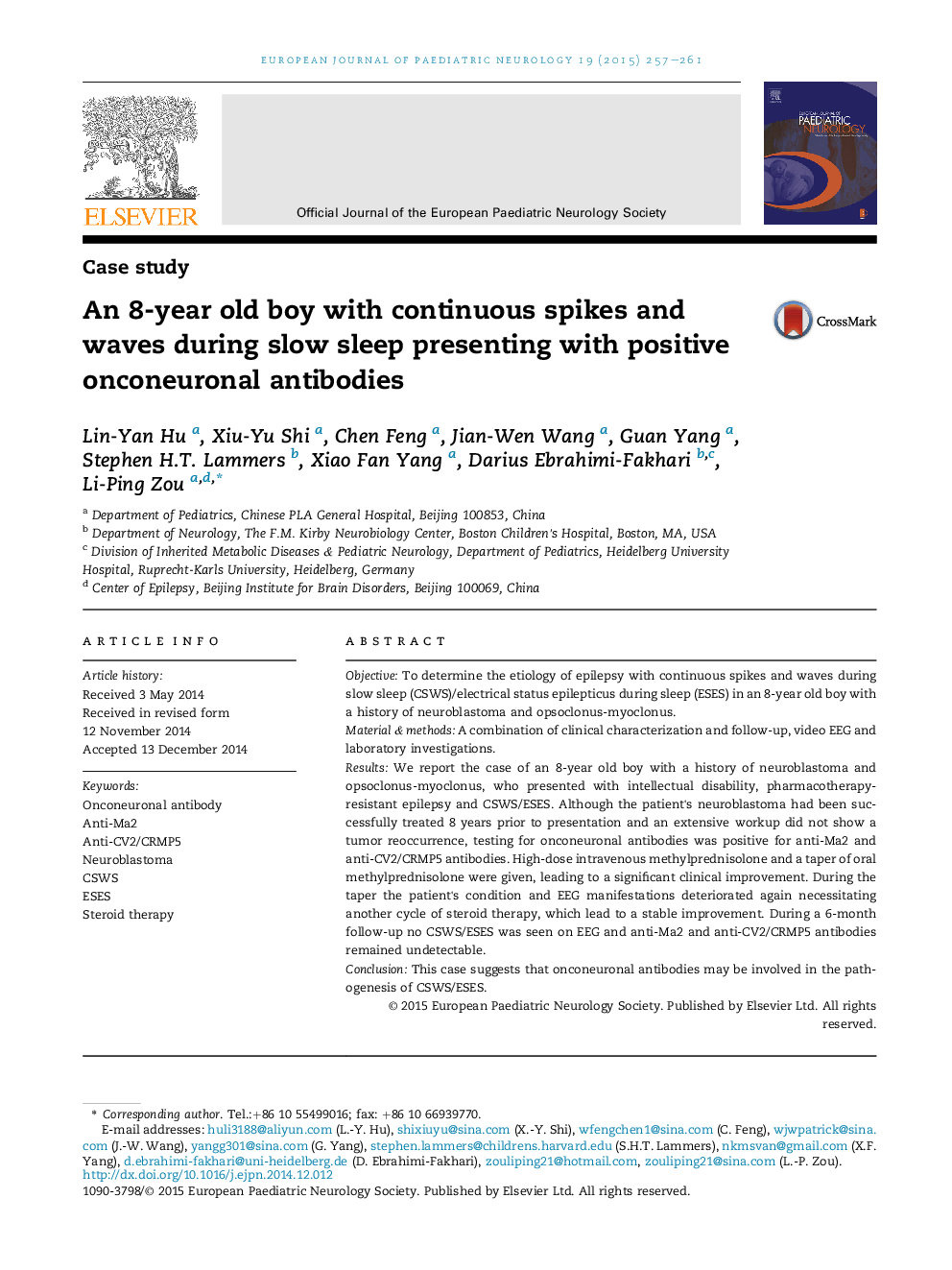 An 8-year old boy with continuous spikes and waves during slow sleep presenting with positive onconeuronal antibodies