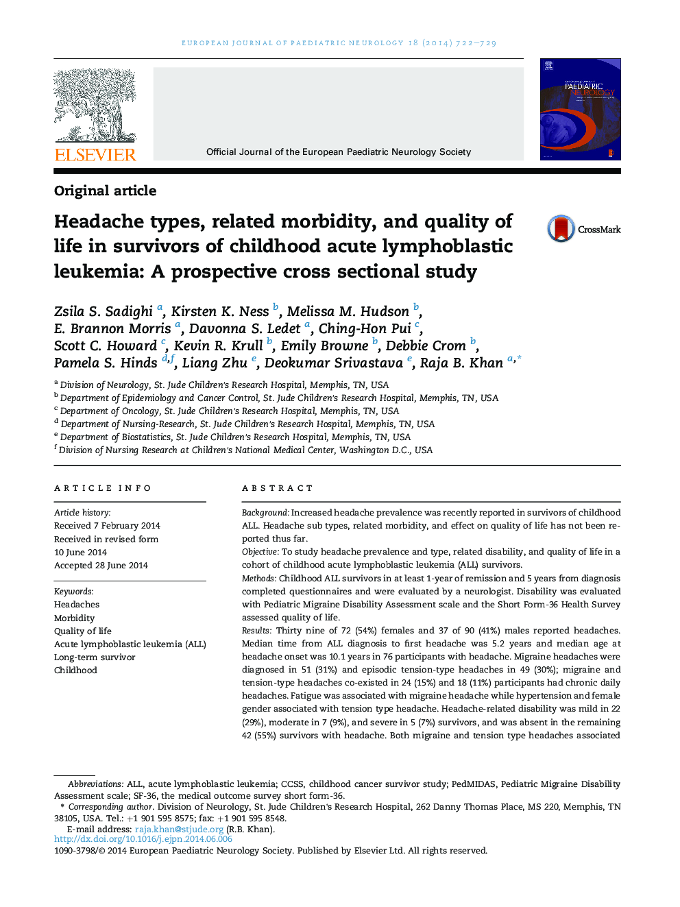 انواع سر درد، بیماری های مرتبط و کیفیت زندگی در بازماندگان لوسمی لنفوبلاستی حاد دوران کودکی: یک مطالعه مقطعی آینده نگر 