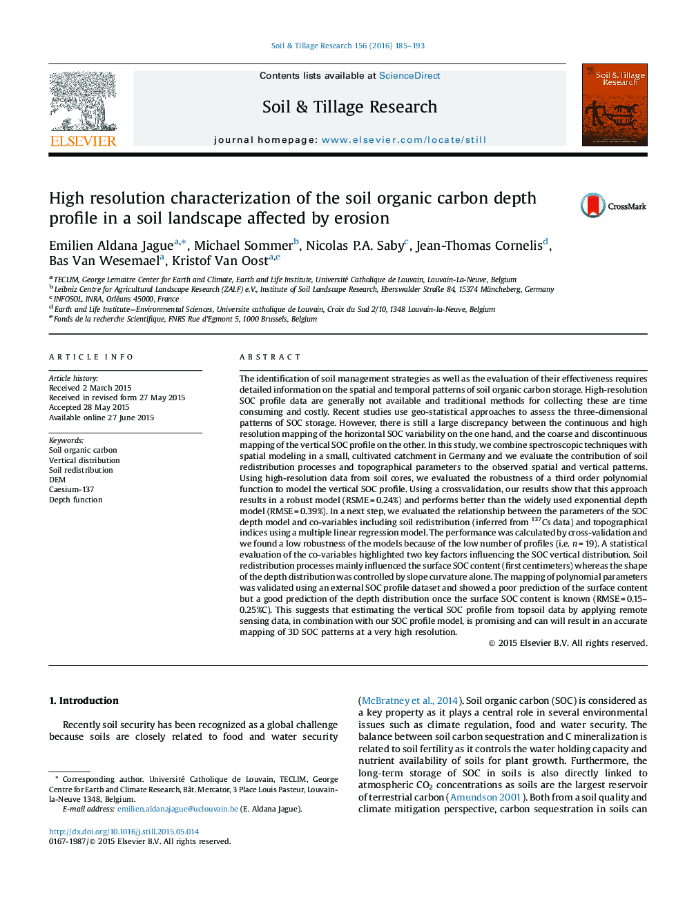 High resolution characterization of the soil organic carbon depth profile in a soil landscape affected by erosion