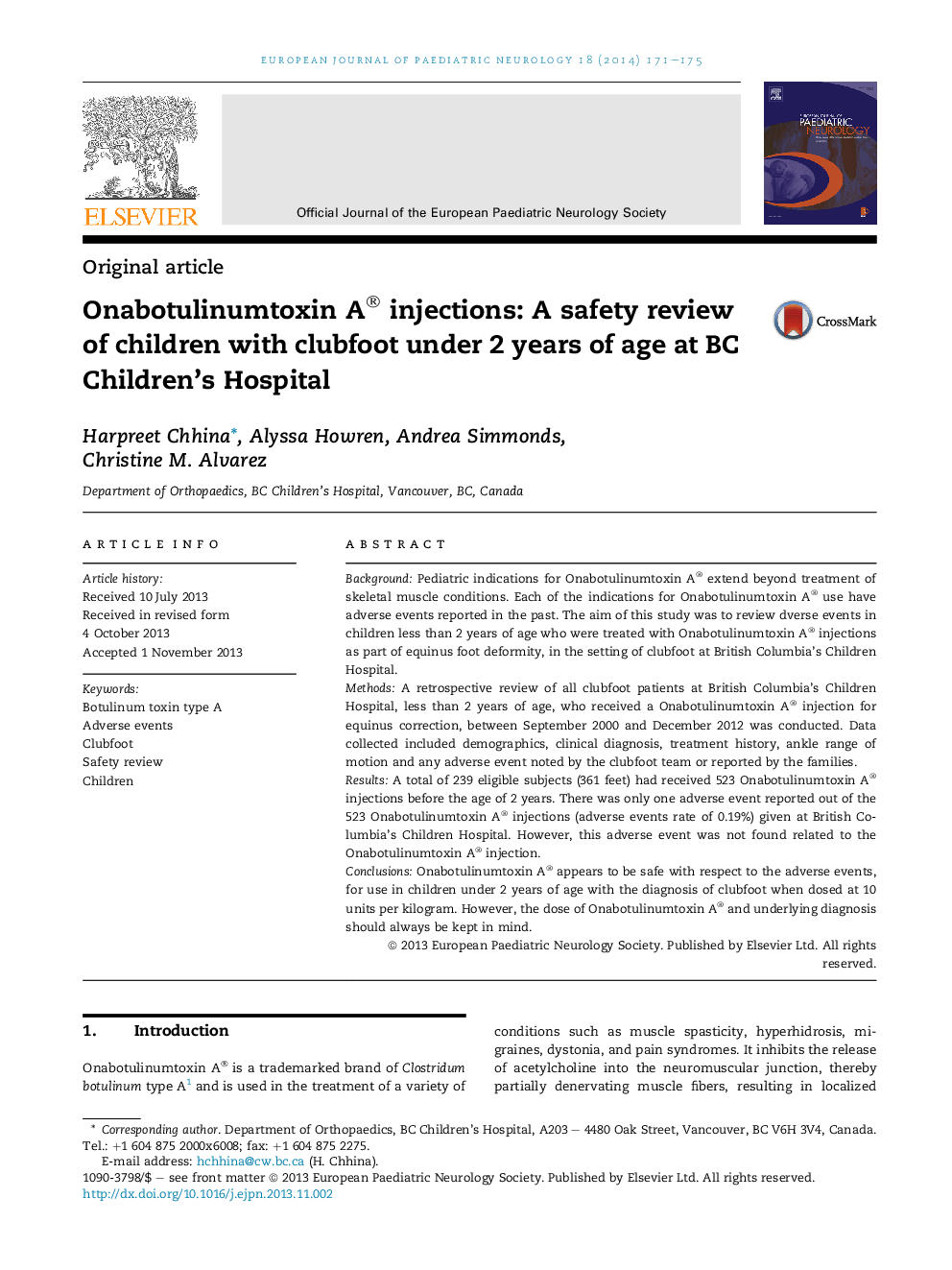 Onabotulinumtoxin A® injections: A safety review of children with clubfoot under 2 years of age at BC Children's Hospital