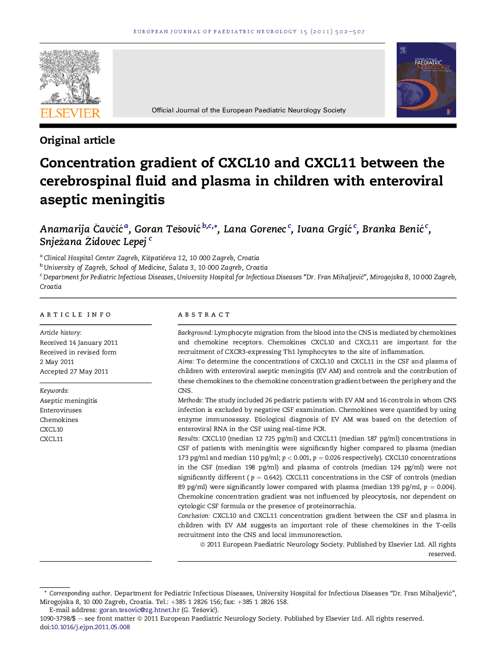 Concentration gradient of CXCL10 and CXCL11 between the cerebrospinal fluid and plasma in children with enteroviral aseptic meningitis