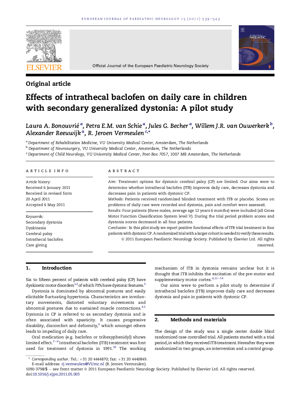 Effects of intrathecal baclofen on daily care in children with secondary generalized dystonia: A pilot study