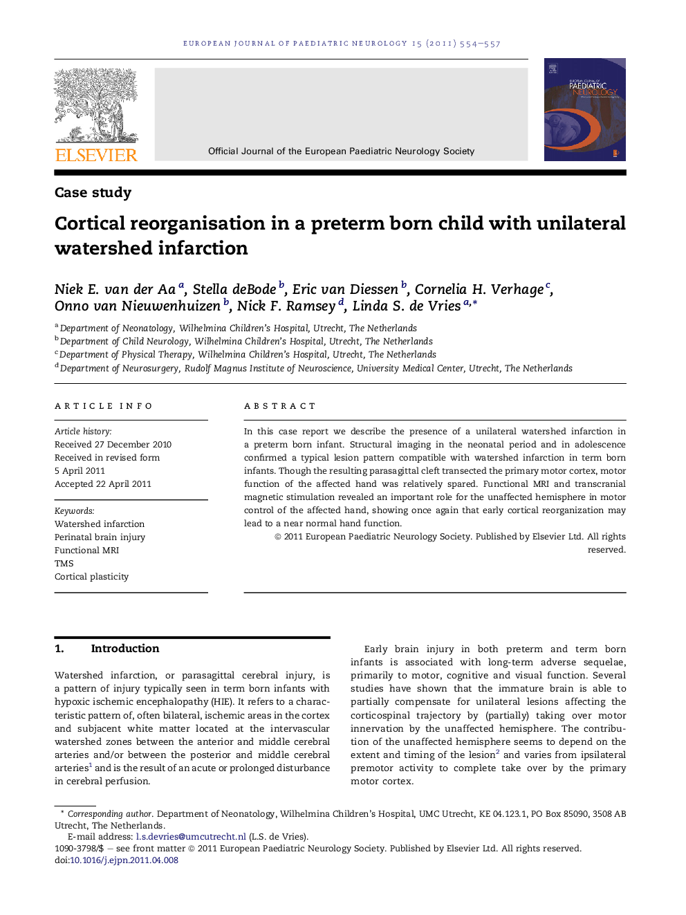 Cortical reorganisation in a preterm born child with unilateral watershed infarction