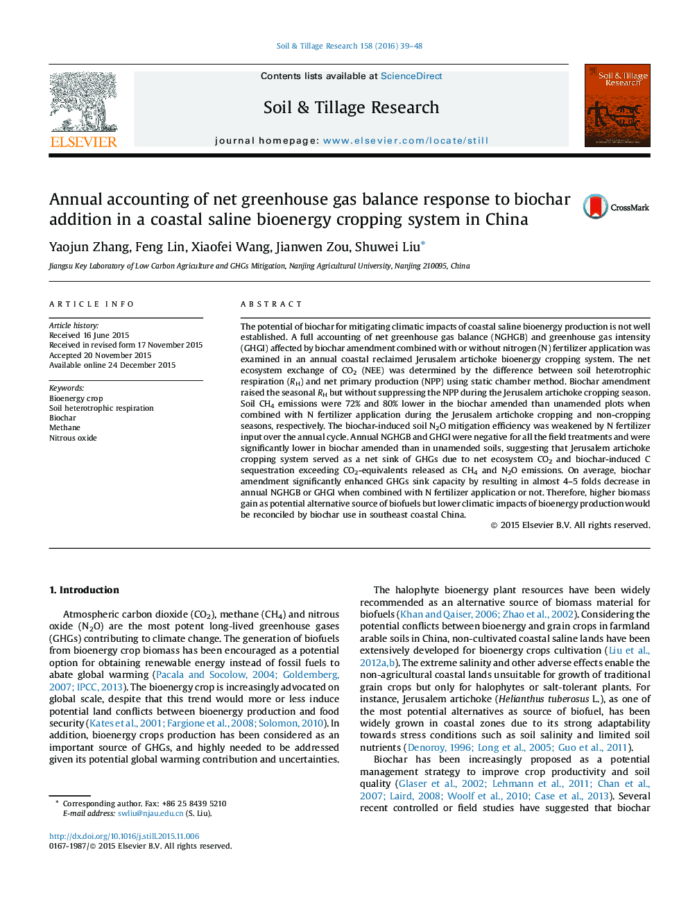 Annual accounting of net greenhouse gas balance response to biochar addition in a coastal saline bioenergy cropping system in China