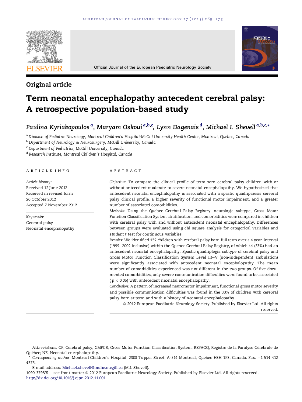 Term neonatal encephalopathy antecedent cerebral palsy: A retrospective population-based study