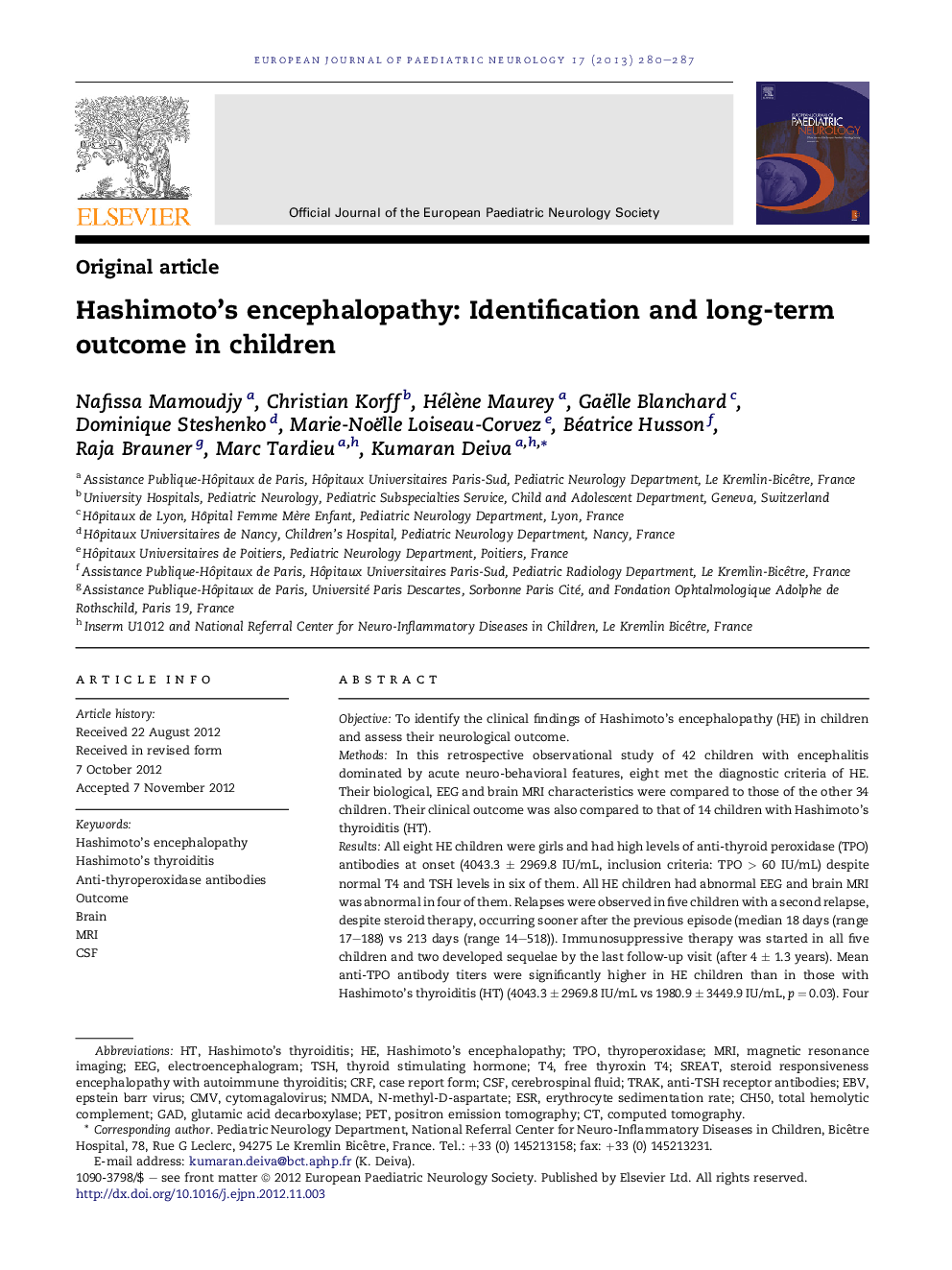 Hashimoto's encephalopathy: Identification and long-term outcome in children