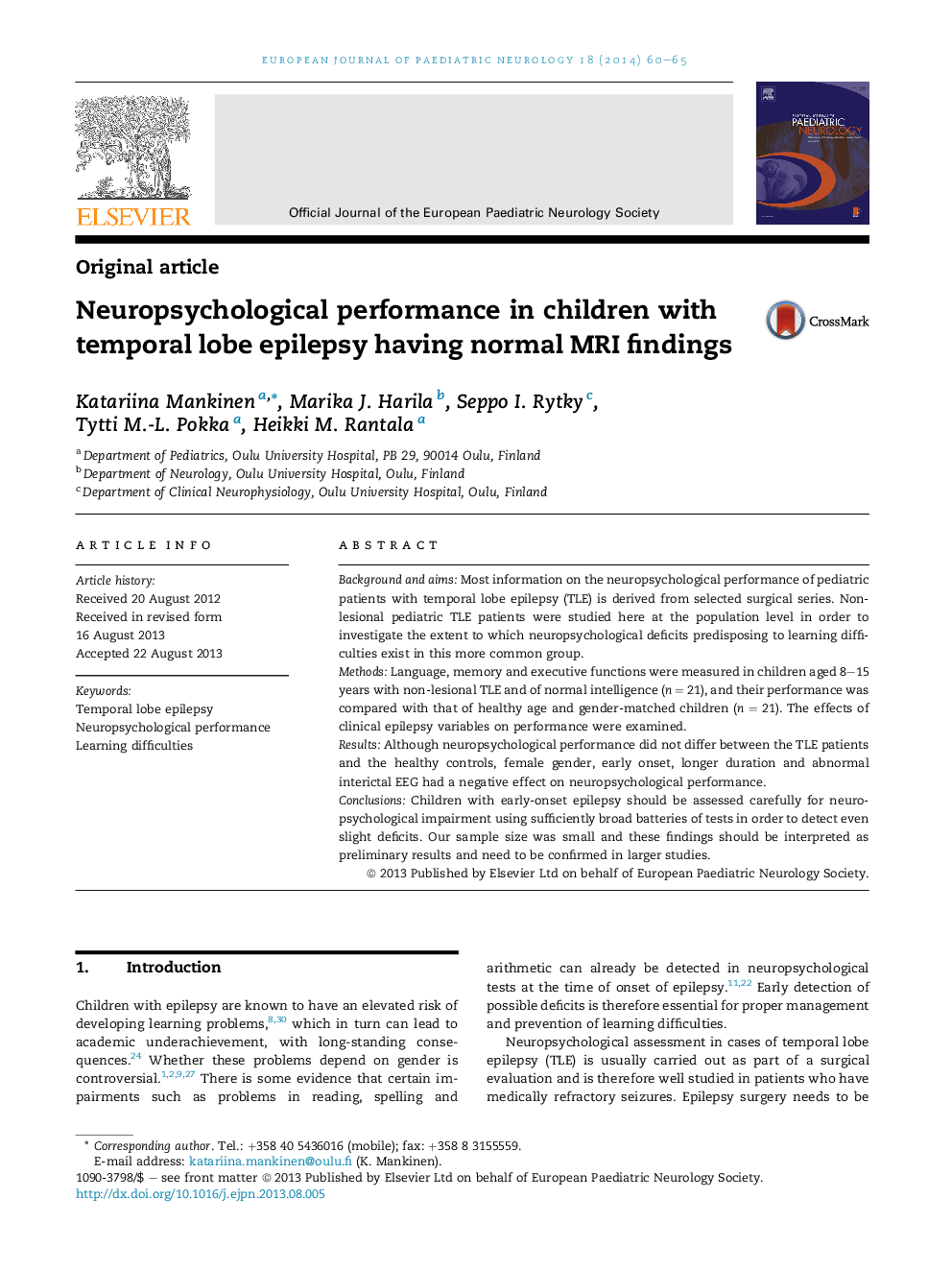 Neuropsychological performance in children with temporal lobe epilepsy having normal MRI findings