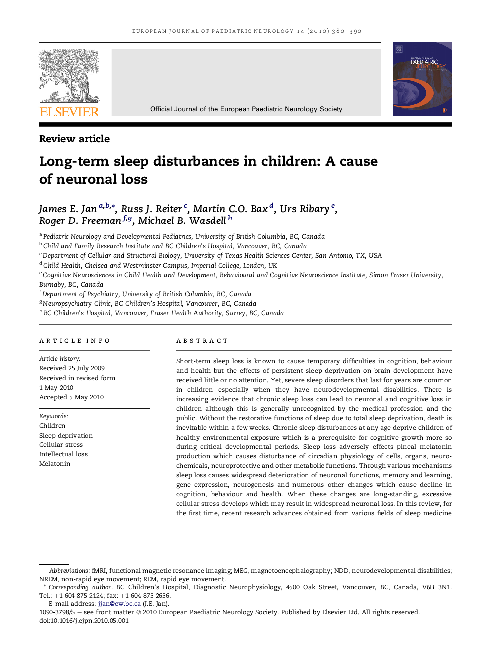 عکس صفحه اول مقاله: Long-term sleep disturbances in children: A cause of neuronal loss Long-term sleep disturbances in children: A cause of neuronal loss