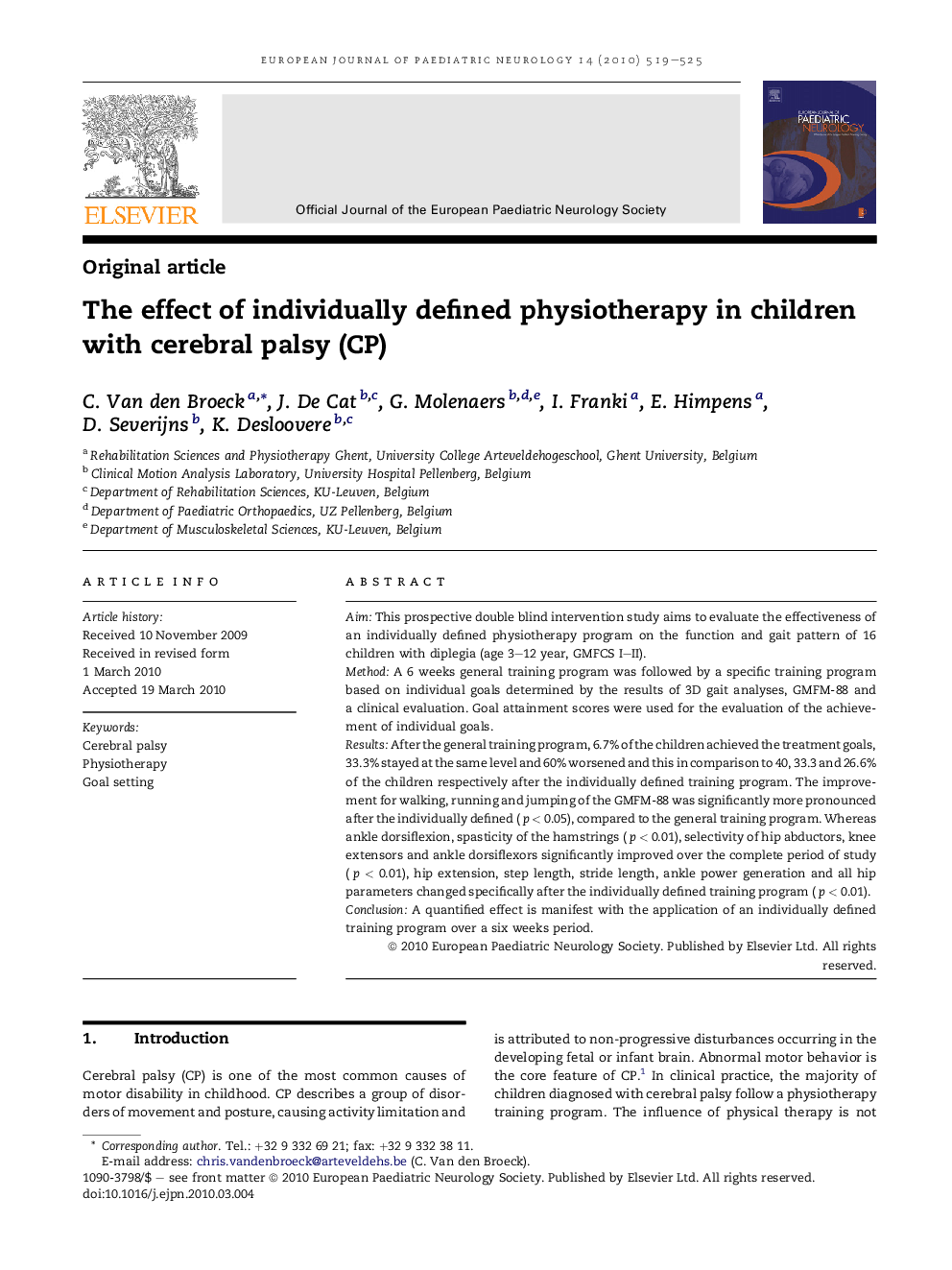 The effect of individually defined physiotherapy in children with cerebral palsy (CP)