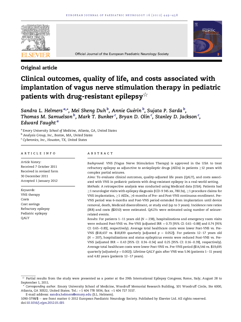 Clinical outcomes, quality of life, and costs associated with implantation of vagus nerve stimulation therapy in pediatric patients with drug-resistant epilepsy 