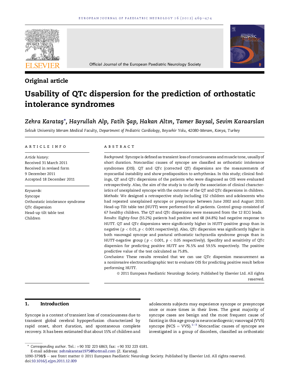 Usability of QTc dispersion for the prediction of orthostatic intolerance syndromes