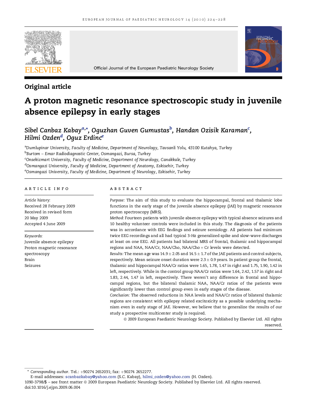 A proton magnetic resonance spectroscopic study in juvenile absence epilepsy in early stages