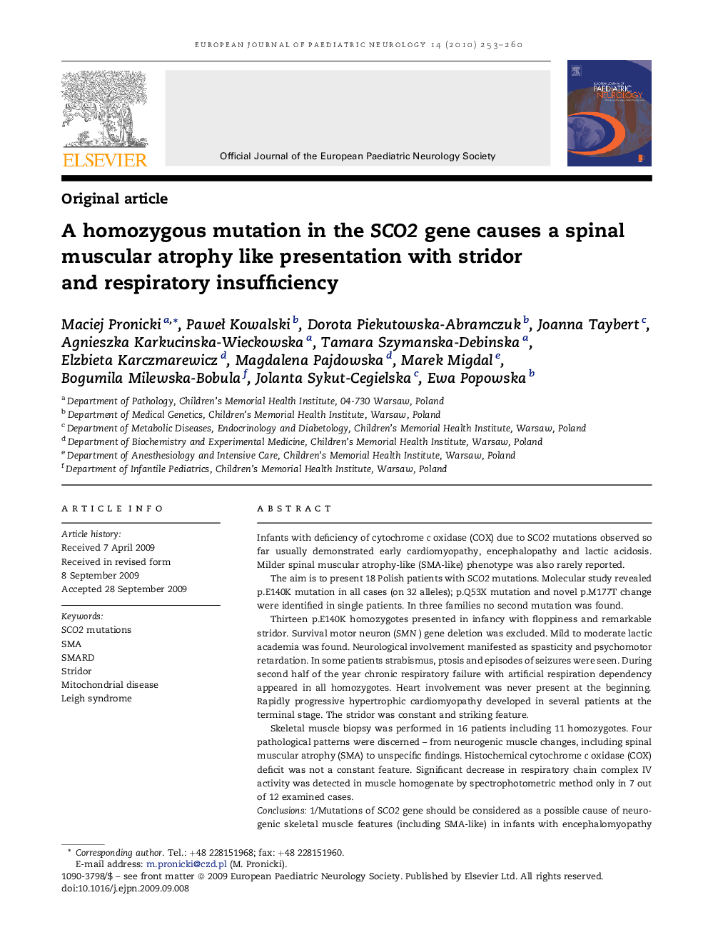 A homozygous mutation in the SCO2 gene causes a spinal muscular atrophy like presentation with stridor and respiratory insufficiency