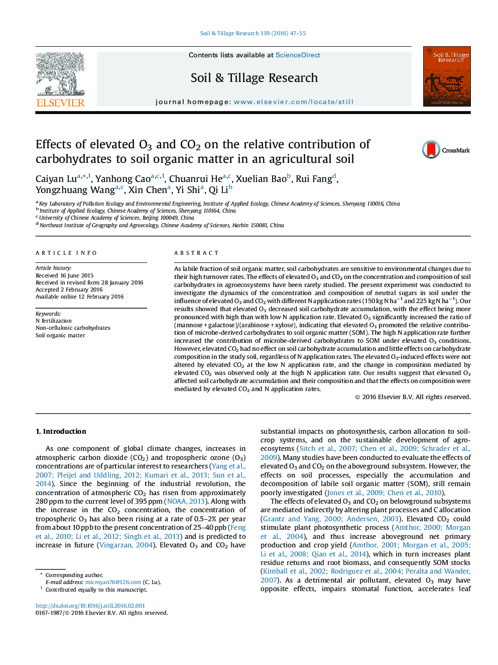 Effects of elevated O3 and CO2 on the relative contribution of carbohydrates to soil organic matter in an agricultural soil