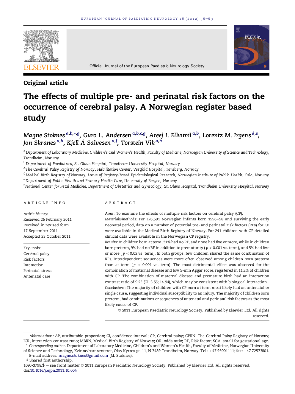 The effects of multiple pre- and perinatal risk factors on the occurrence of cerebral palsy. A Norwegian register based study