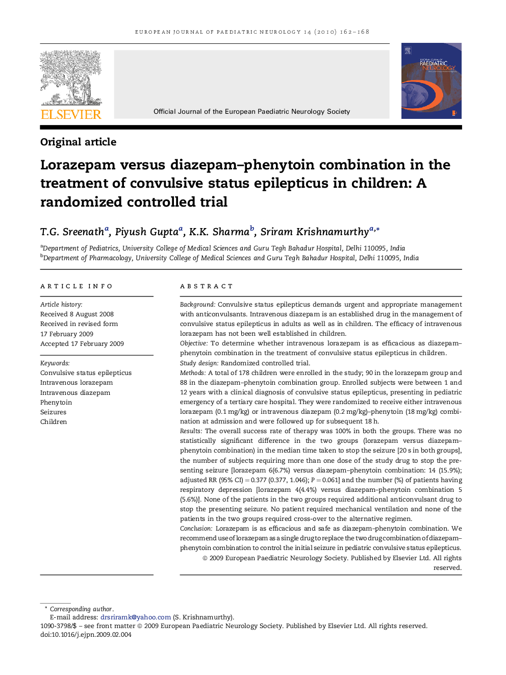 Lorazepam versus diazepam–phenytoin combination in the treatment of convulsive status epilepticus in children: A randomized controlled trial