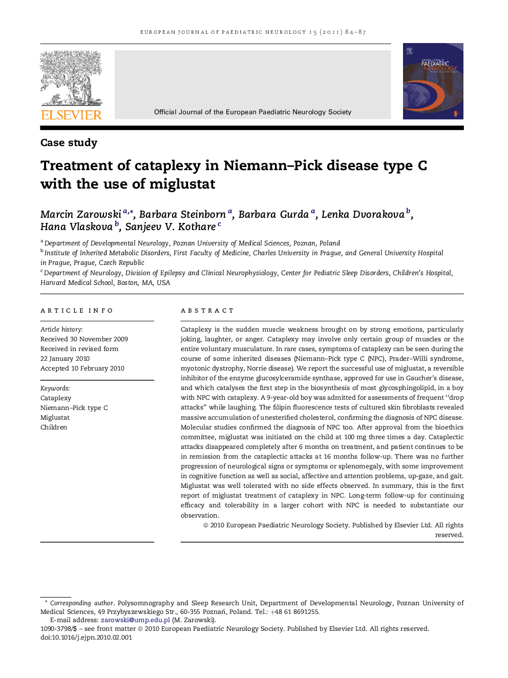 Treatment of cataplexy in Niemann–Pick disease type C with the use of miglustat