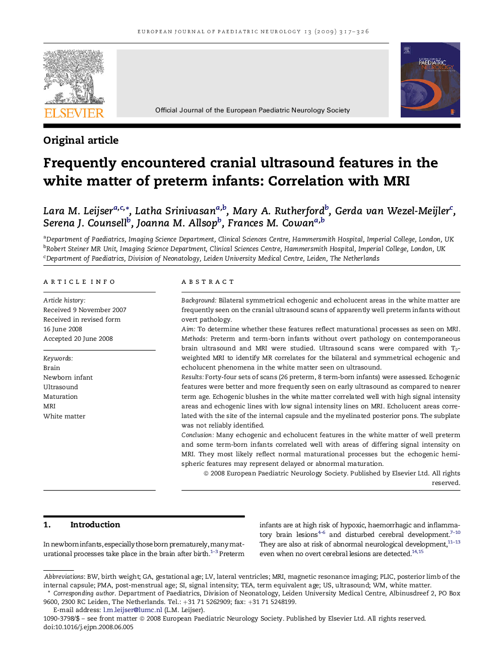 Frequently encountered cranial ultrasound features in the white matter of preterm infants: Correlation with MRI