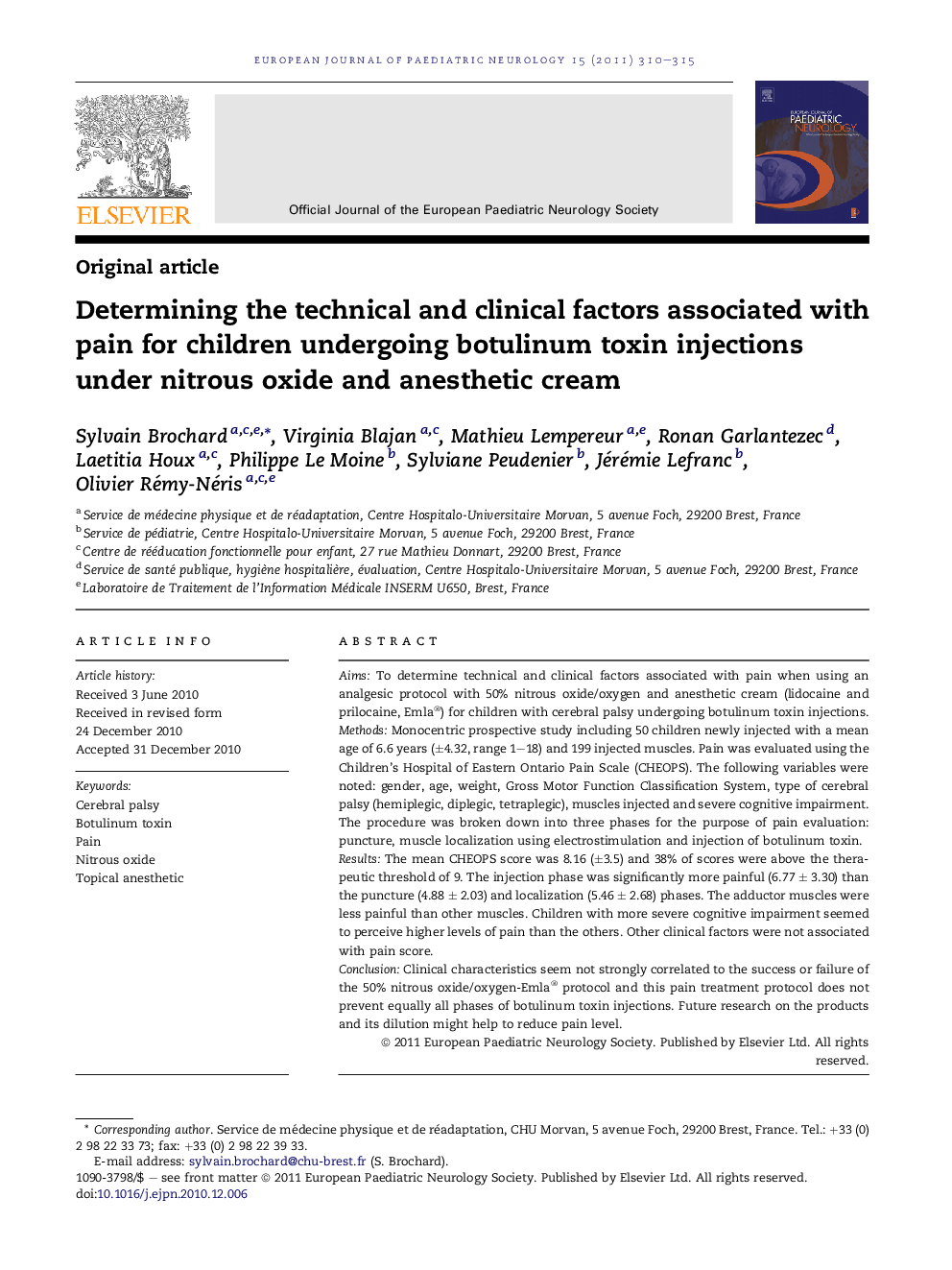 Determining the technical and clinical factors associated with pain for children undergoing botulinum toxin injections under nitrous oxide and anesthetic cream