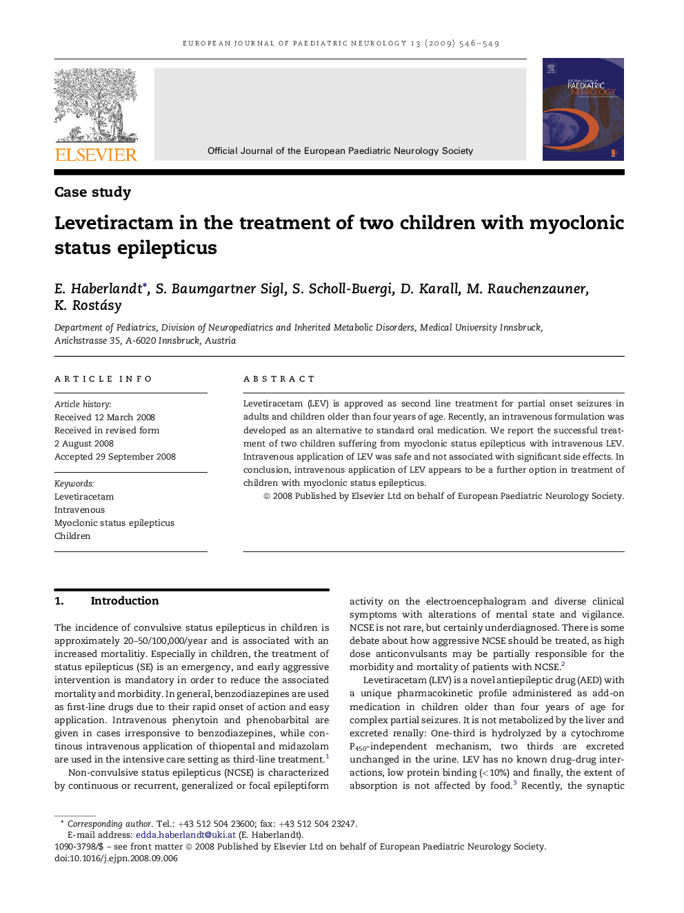 Levetiractam in the treatment of two children with myoclonic status epilepticus