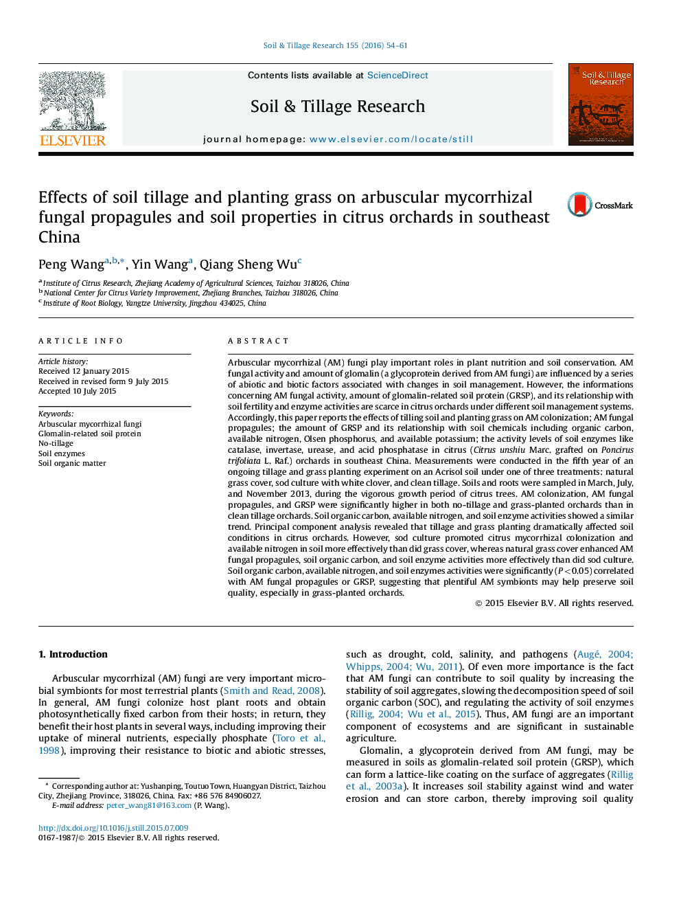 Effects of soil tillage and planting grass on arbuscular mycorrhizal fungal propagules and soil properties in citrus orchards in southeast China