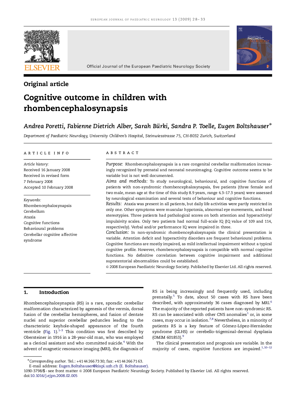 Cognitive outcome in children with rhombencephalosynapsis