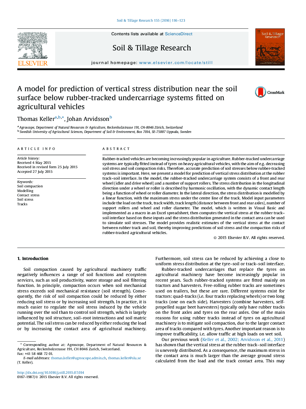 A model for prediction of vertical stress distribution near the soil surface below rubber-tracked undercarriage systems fitted on agricultural vehicles