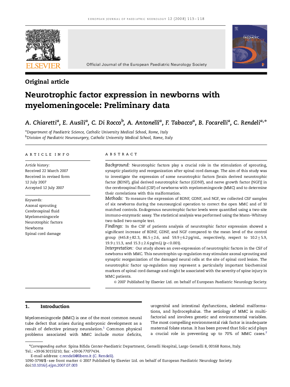 Neurotrophic factor expression in newborns with myelomeningocele: Preliminary data