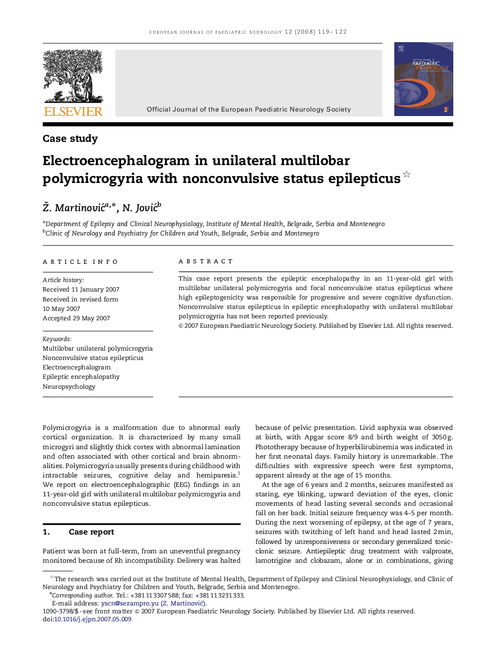 Electroencephalogram in unilateral multilobar polymicrogyria with nonconvulsive status epilepticus