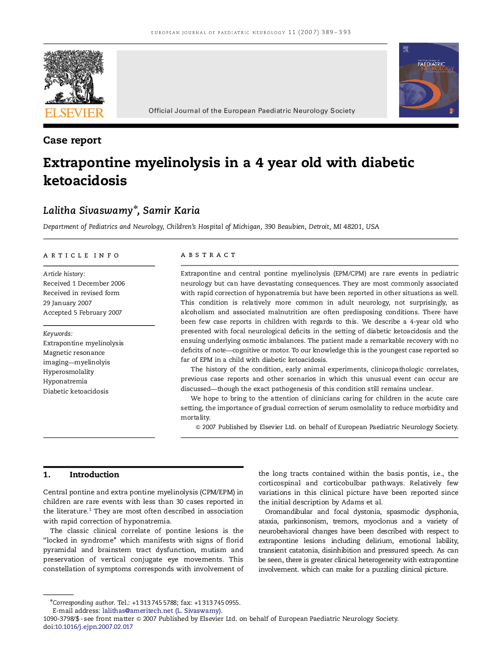 Extrapontine myelinolysis in a 4 year old with diabetic ketoacidosis