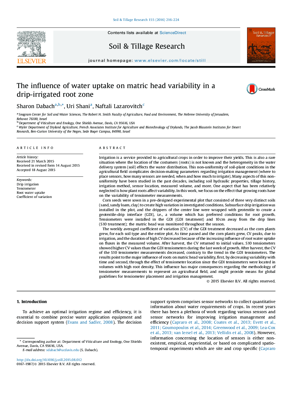 The influence of water uptake on matric head variability in a drip-irrigated root zone