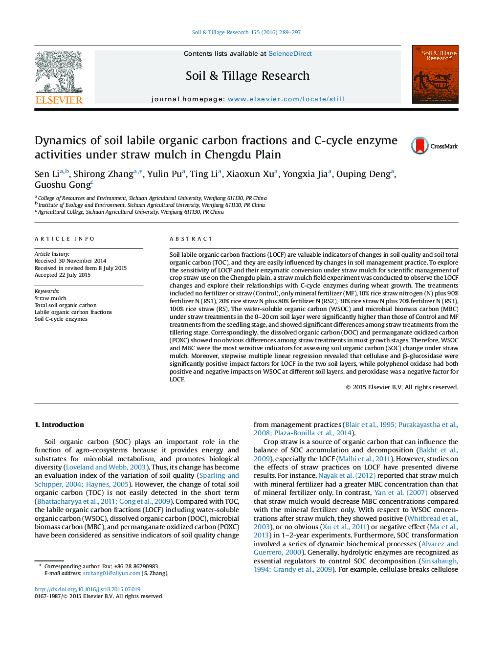 Dynamics of soil labile organic carbon fractions and C-cycle enzyme activities under straw mulch in Chengdu Plain