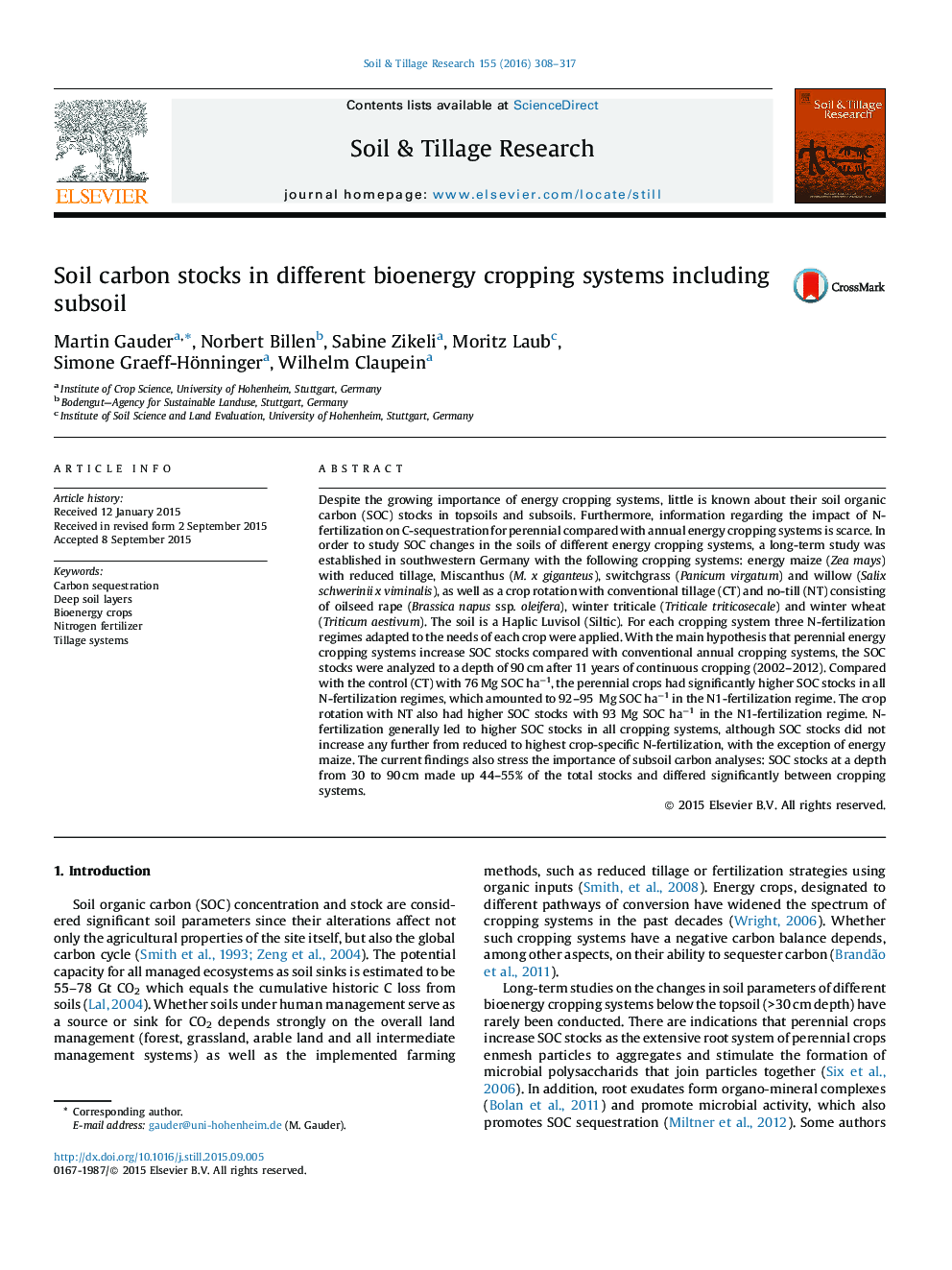 Soil carbon stocks in different bioenergy cropping systems including subsoil