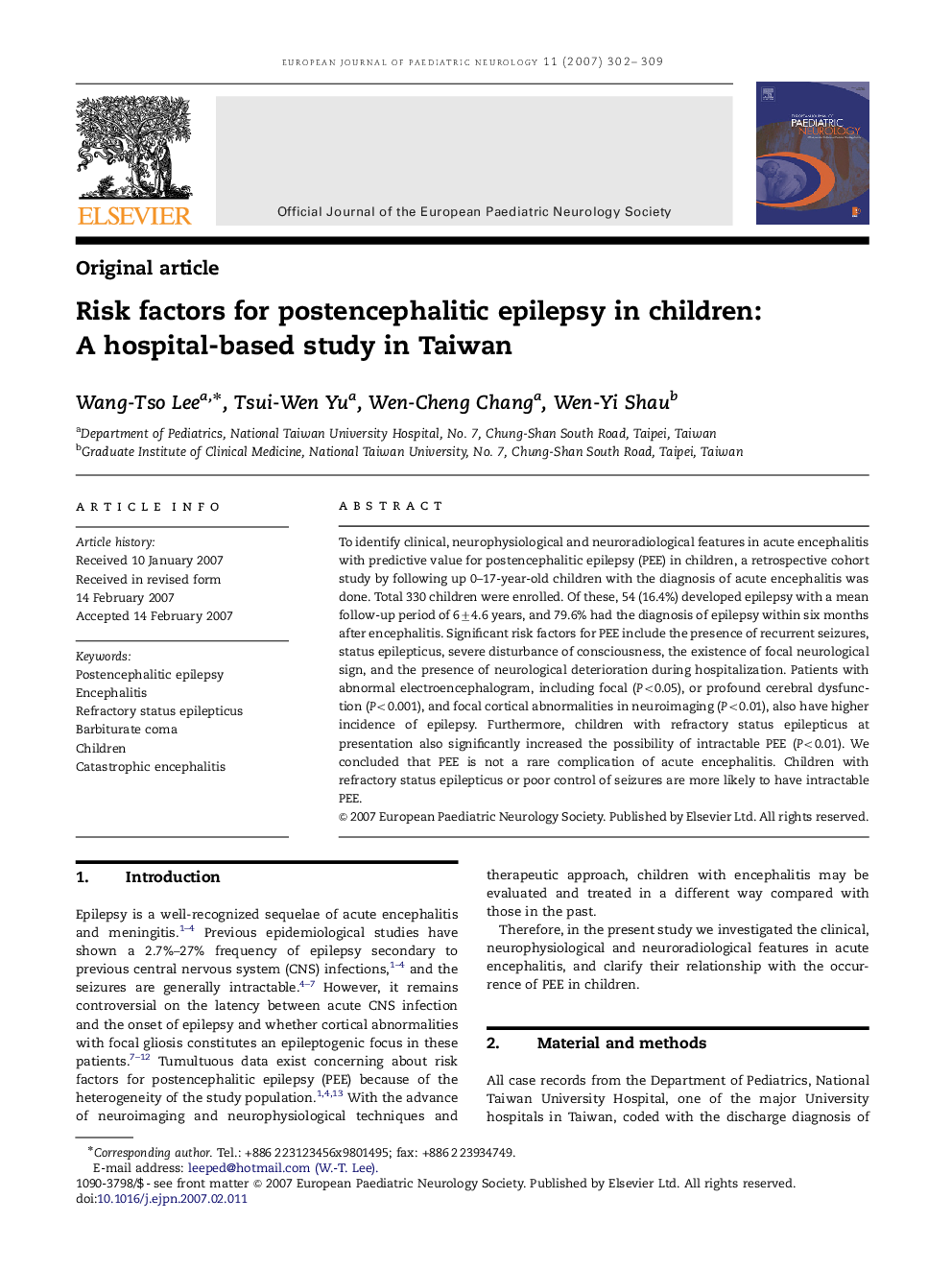 Risk factors for postencephalitic epilepsy in children: A hospital-based study in Taiwan